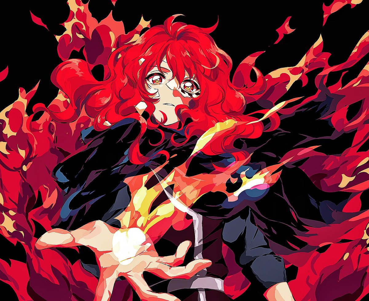 red hair solo fire long hair black background red eyes 1boy  illustration images