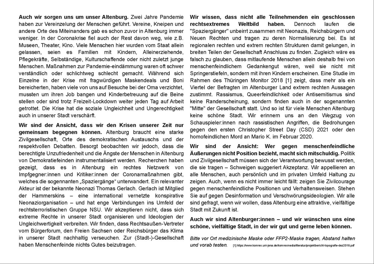 BuendnisABG's tweet photo. Aufruf Kundgebung „#AltenburgSolidarisch“ 21. März 22, 17:30 Uhr, #Altenburg, Markt. Initiator:innen von Gruppe „Altenburg solidarisch“ &amp; @BuendnisABG nehmen Bezug auf Forderung d. Bundespräsidenten: „Mehrheit darf nicht still bleiben“. PM: https://t.co/hIYT8mVcrC #abg2103 #TgR22 https://t.co/Hl6EKx8Kdg