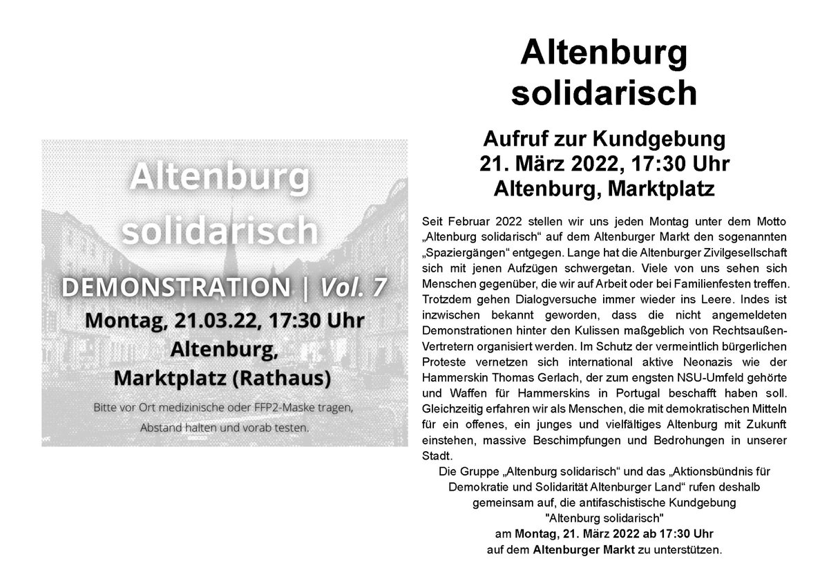 BuendnisABG's tweet photo. Aufruf Kundgebung „#AltenburgSolidarisch“ 21. März 22, 17:30 Uhr, #Altenburg, Markt. Initiator:innen von Gruppe „Altenburg solidarisch“ &amp; @BuendnisABG nehmen Bezug auf Forderung d. Bundespräsidenten: „Mehrheit darf nicht still bleiben“. PM: https://t.co/hIYT8mVcrC #abg2103 #TgR22 https://t.co/Hl6EKx8Kdg