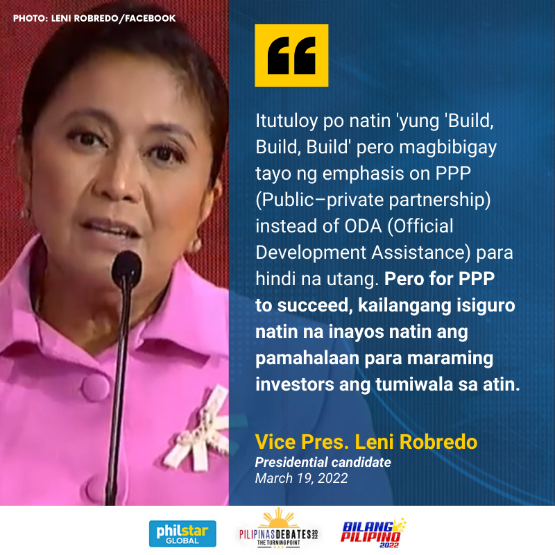 PhilstarNews's tweet image. Vice President Leni Robredo said she will continue the &quot;Build, Build, Build&quot; project, but will focus on rural development, transportation facilities, and water resource management. 

LIVE UPDATES HERE: bit.ly/comelecdebate
#BilangPilipino2022 #BotoKo2022