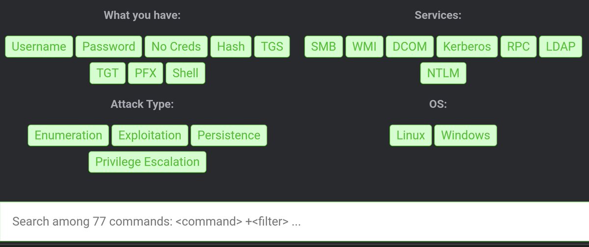 Curated lists of binaries or security tools that can be used to bypass local security restrictions in misconfigured systems or against AD.

👉 Unix (GTFOBINS)
gtfobins.github.io
👉 Windows (LOLBAS)
lolbas-project.github.io
👉 AD (WADComs)
wadcoms.github.io