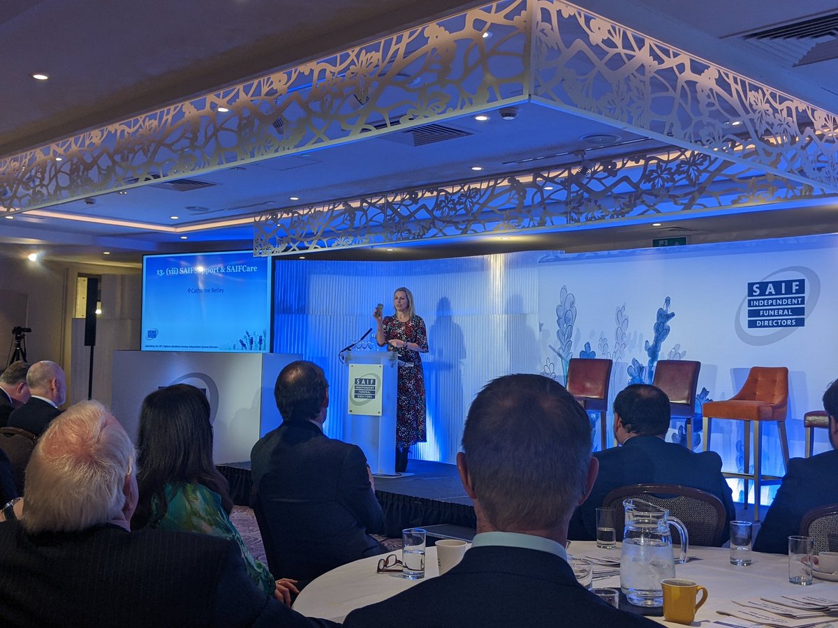 Thank you to @cathbetley of <a href="/ProfHelpUK/">Professional Help</a> for reminding members that <a href="/SAIFCareUK/">SAIF Care</a> and <a href="/SAIFSupport/">SAIF Support</a> are there, as world class services, to support funeral director teams when their work gets challenging and bereaved families when struggling with grief. #SAIFAGM2022