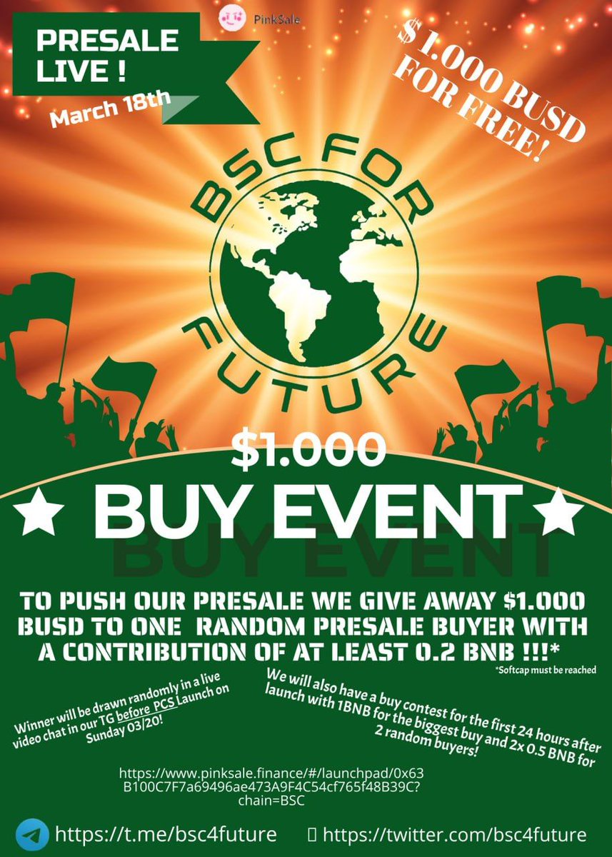 bsc4future's tweet photo. @sof1azara03 🔥BSC4Future crazy BuyEvent running🔥

$1.000 BUSD giveaway 💸💸💸

Make sure you participate by buying our presale for at least 0.2 BNB on pinksale:

https://t.co/s46l4O60F6

TG: https://t.co/OeOm0aBjI4
🐦 https://t.co/YUpWJMgEdT https://t.co/rlmQJw6ofD