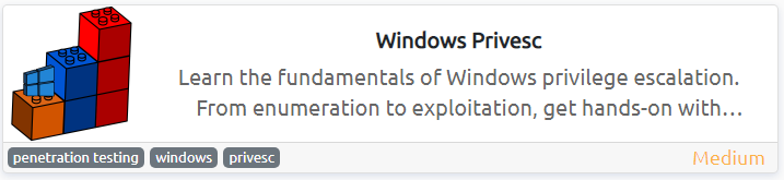_sh3bu's tweet photo. Windows Privesc - I have just completed this room! ✅

Check it out:  https://t.co/7xI6t7KdVZ #tryhackme #penetration testing #windows #privesc #winprivesc via @tryhackme https://t.co/9ZFj6aKolQ