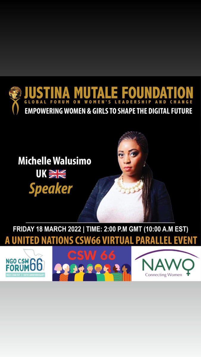 wm509's tweet photo. Justina Mutale Foundation United Nations CSW66 Parallel Event. 

What a wonderful discussion and panel. 🙌🏾 👑

PANEL SPEAKER:

Michelle Walusimo, PR &amp; Communications Manager, Justina Mutale Foundation, 
Business Analyst, Civil Service, UK🇬🇧 

Dr @Justinamutale @JMFLeadership https://t.co/DyUnjH3e9d