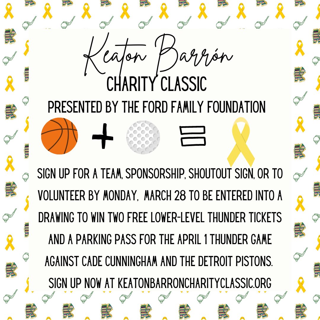 The 2022 Keaton Barrón Charity Classic is 30 days away!  It's time to sign up at keatonbarroncharityclassic.org.  Bonus: Win Thunder Tickets!  We can't wait to see you on April 18 at Oak Tree.