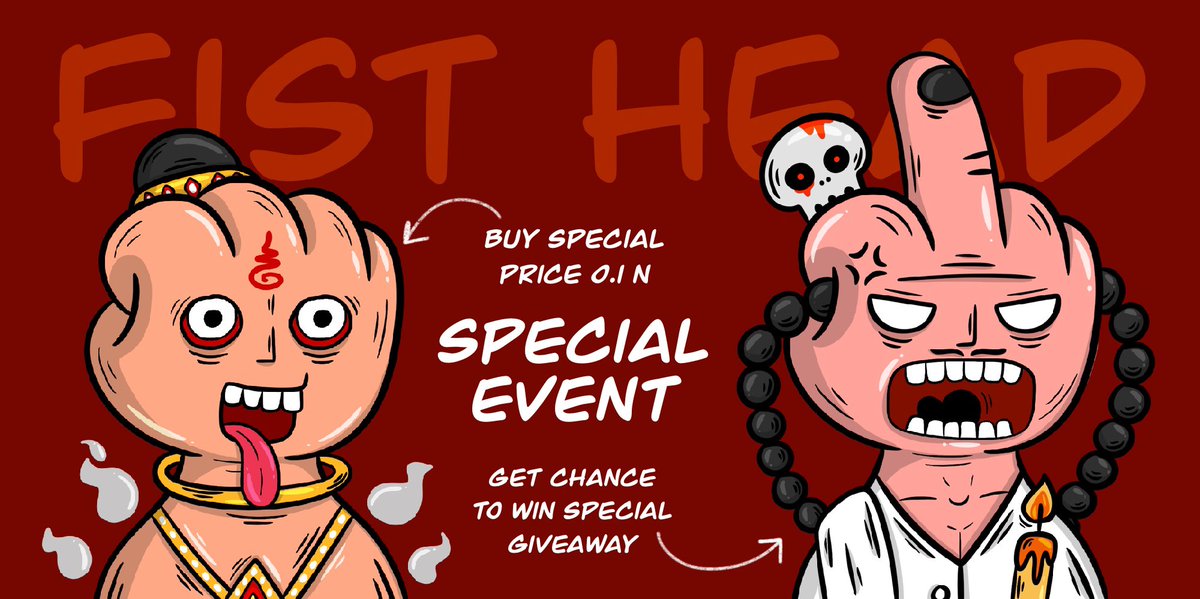Special event ✊🏻🥳 @ParasHQ 
Drop now! FIST HEAD #51 Special price 0.1N
paras.id/token/x.paras.…
Buy 1 will get chance to win special giveaway 1:1 edition
Verify on discord only! discord.gg/Wh3Mwu8AS8

Lucky draw on 21.03.2022 / 7:00 pm GMT+7
#NFT #NFTGiveaways #PARASnft