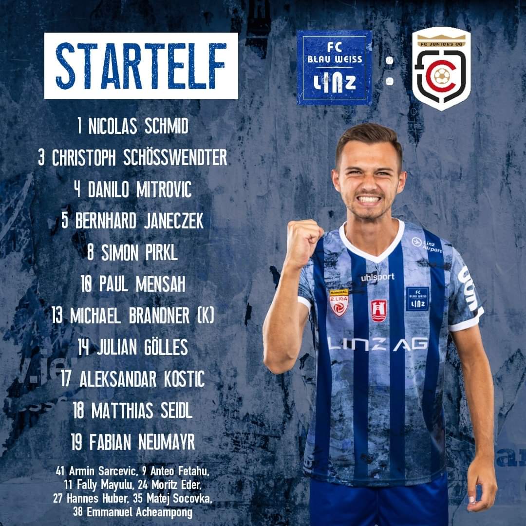 BlauWeissLinz's tweet photo. Unsere Aufstellung gegen FC Juniors OÖ ✌⚽️ #BWLjun #LigaZwa https://t.co/hJIWKhup1m