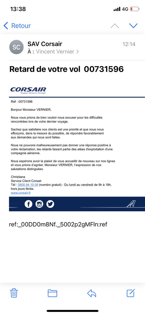VincentWindsor's tweet photo. Merci @CorsairFr pour la meilleure réponse de l’année. 🤣 pas de dédommagement pour le retard car ceux sont les « aléas d’une compagnie aérienne ». Alors celle là je vais m’en resservir. Au fait on parle bien d’une journée de retard. Pas de 5 mn #corsair https://t.co/PazZPUgsZM