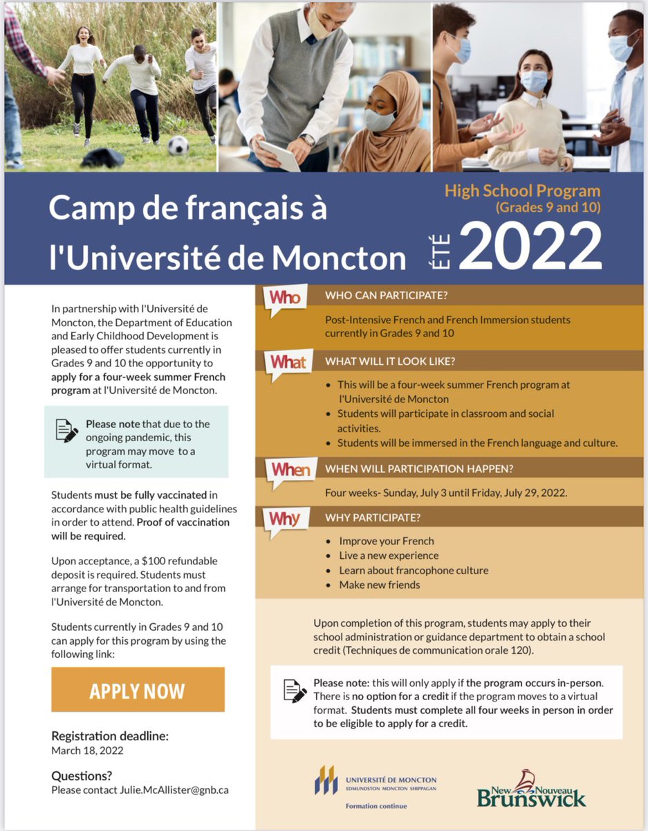 📣<a href="/ASD_South/">Anglophone South School District ASD-S</a> High Schools:  Friday, April 1 is the NEW Deadline for the U de M four-week summer camp.  Successful participants can apply for a Credit (techniques de communication)!  Details in pic / link umoncton.ca/learnfrench/ju…
