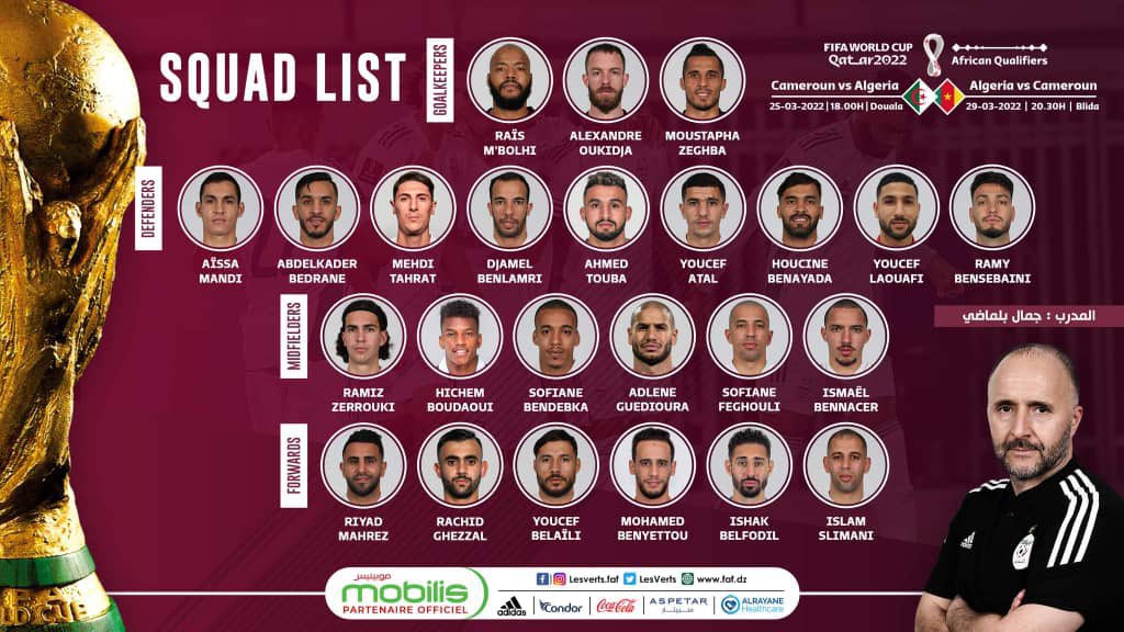 تصفيات كأس العالم - قطر 2022 🏆 
قائمة 24 لاعب للمواجهة المزدوجة أمام منتخب  الكاميرون 🇨🇲 لحساب الدور الفاصل من التصفيات المؤهلة لكأس العالم 
#LesVerts #teamdz #123vivalAlgérie #LesFennecs #WorldCupQatar2022✊🇩🇿