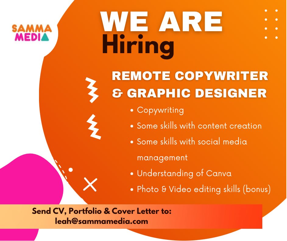 We are #hiring a remote copywriter & graphic designer to join our team. Send your CV, Portfolio & Cover Letter to leah@sammamedia.com applications close on 25th March 2022  #IkoKaziKE #kazikenya #hiringkenya #jobseekerskenya #brightermonday