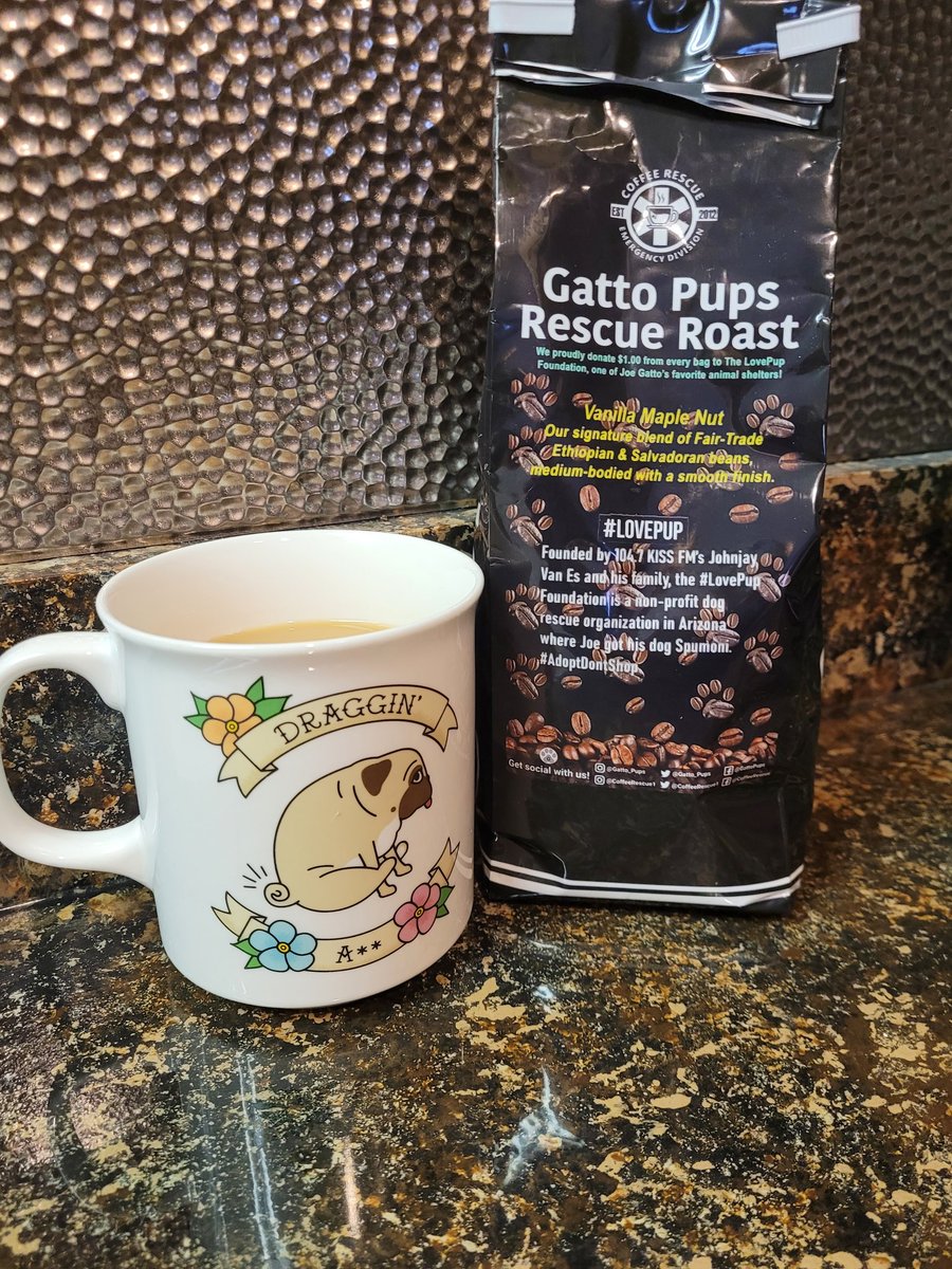 CaroleRaeRR's tweet photo. I am in love with this coffee! 😍  and it helps a good cause?? Perfection! @gatto_pups  #lovepup #coffee #draggingass #mugofpug https://t.co/rIWpMsMeNr