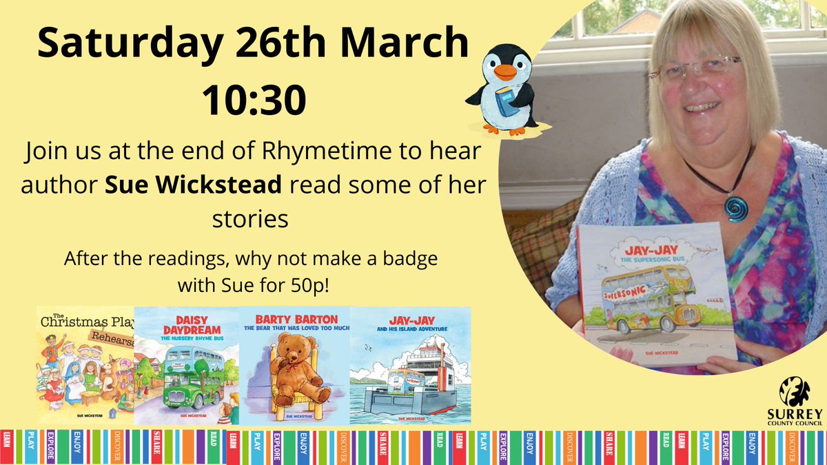 RedhillLibrary's tweet photo. Join us on Sat 26th March at #RedhillLibrary for Rhymetime where children's author Sue Wickstead will be reading some of her stories. She will also be hosting a 'make a badge' craft event for just 50p.
#Rhymetime #LoveLibraries @SurreyLibraries @JayJayBus https://t.co/8Jc1rfmHwg