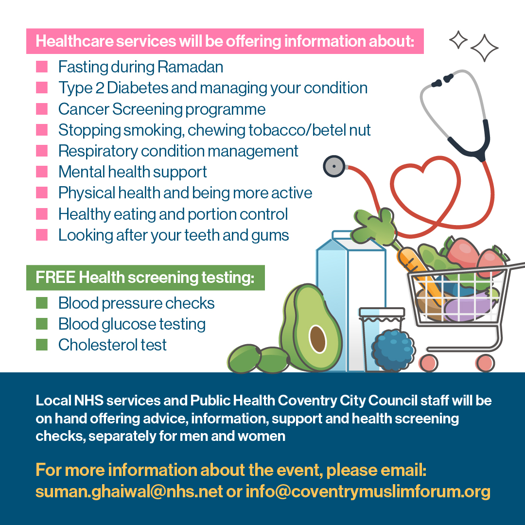 Come along to our Health &amp; Wellbeing Event tomorrow at Coventry Muslim Resource Centre 10:30am - 2:30pm to hear from local health professionals and get a wide range of info about looking after your health #NHS #HealthAndWellbeing