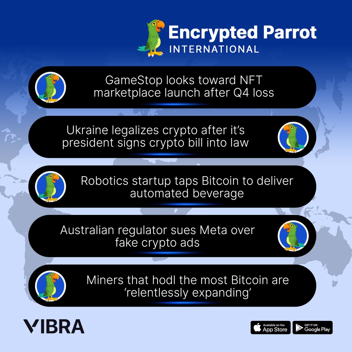 VibraAfrica's tweet photo. 🗞 Here is the line up of top local and international stories this week on the ‘Encrypted Parrot’ series.
___
Which one of the week’s headlines stands out, in your opinion?
#EarnonVIBRA #VIBRADoubles #P2P #EncryptedParrot #ReferandEarn https://t.co/AyEyQrQWfa