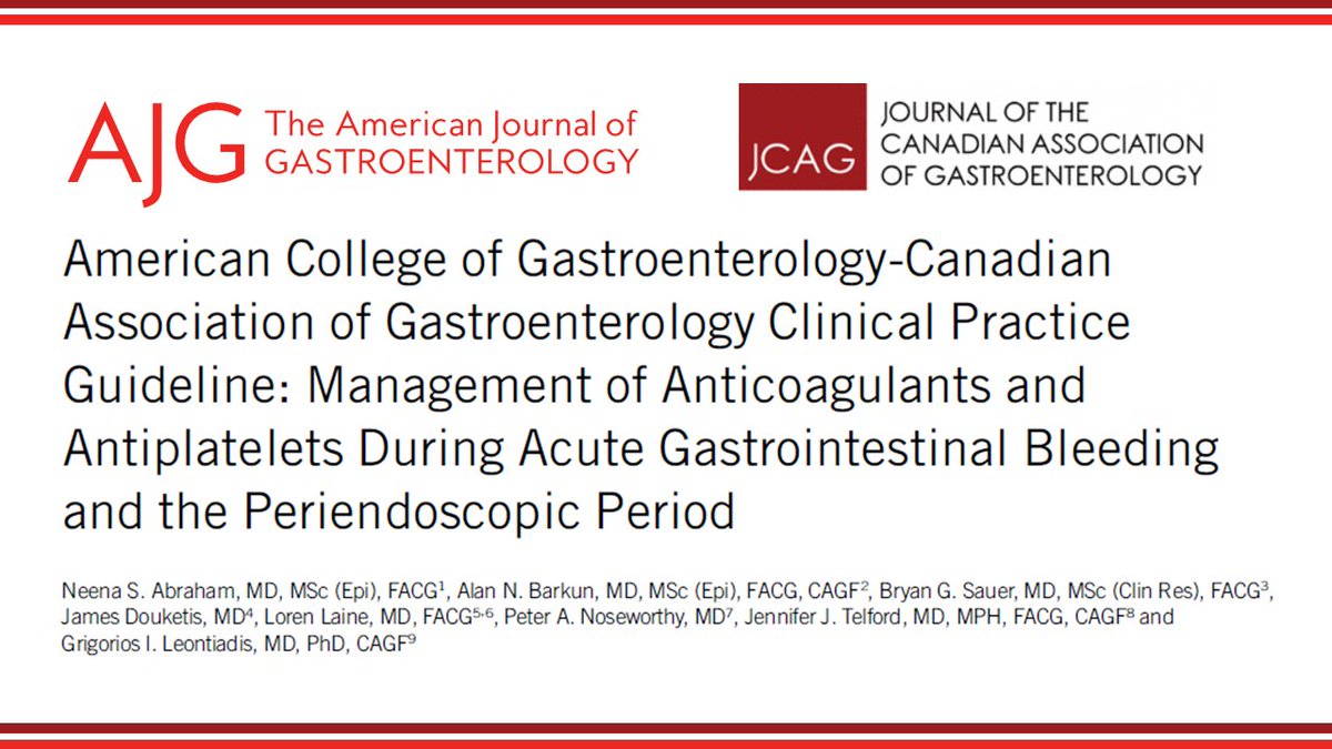 AmJGastro's tweet image. 📕#RedJournal #WeekendReading ‼️

NEW @AmCollegeGastro &amp;amp; @CanGastroAssn Guidelines Anticoagulants &amp;amp; Antiplatelets During Acute #GIBleeding &amp;amp; Periendoscopic Period @NeenaSAbrahamMD, et al.

Joint publish in AJG and @JCanAssnGastro 

#Endoscopy  #CardioGI

📕bit.ly/ACG-CAG-Abraha…
