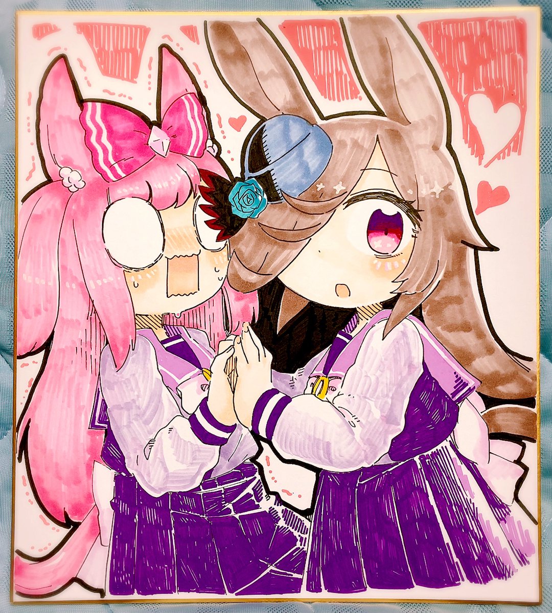 agnes digital (umamusume) ,rice shower (umamusume) multiple girls 2girls horse ears animal ears bow school uniform purple skirt  illustration images