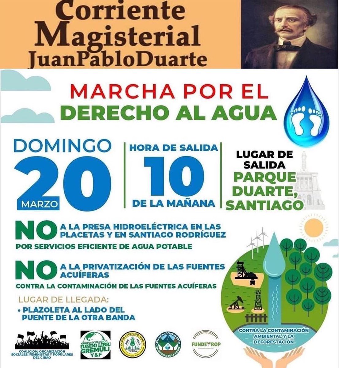 CMJPDNACIONAL's tweet photo. La Corriente Magisterial Juan Pablo Duarte (CMJPD), como organización afiliada al Bloque Popular Jesús Adón, llama a su dirigencia y militancia a marchar mañana diciendo:

POR EL AGUA Y POR LA VIDA

NO A LA PRESA DE LAS PLACETAS

NO A LA CONTAMINACIÓN DE NUESTROS RÍOS https://t.co/djpxqDjyS1