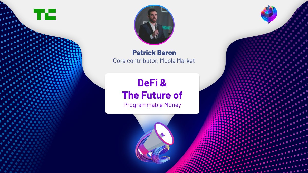 Founder <a href="/PatrickNBaron/">Patrick</a> of <a href="/Moola_Market/">Moola Market 🐮</a>, the largest lending protocol on Celo Network will be live on Tech Crunch's DeFi and the Future of Programmable Money.

Catch him along with other speakers as they talk about DeFi for the masses. 

❗Register now: somm.fi/techcrunch