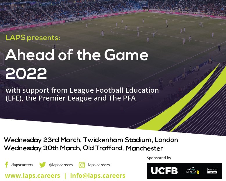 Join over 600 sports pros who have already signed up for our upcoming Ahead of the Game events. 

Twickenham Stadium - this Wednesday 
Old Trafford - next Wednesday 

LAPS Members can book for free now.