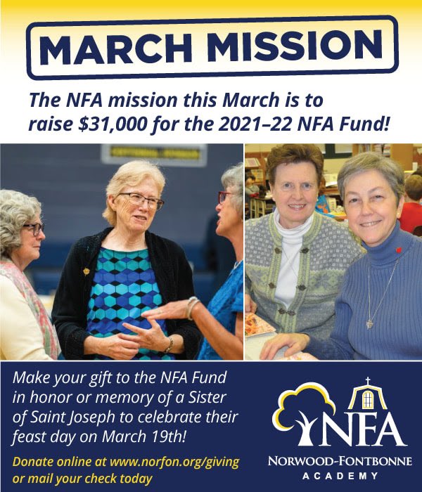 Today, on the feast day of our beloved Sisters of Saint Joseph, we encourage you to make a gift in Honor/Memory of a Sister who makes a difference in your family's life during your time here at NFA. Donate online at norfon.org/give.