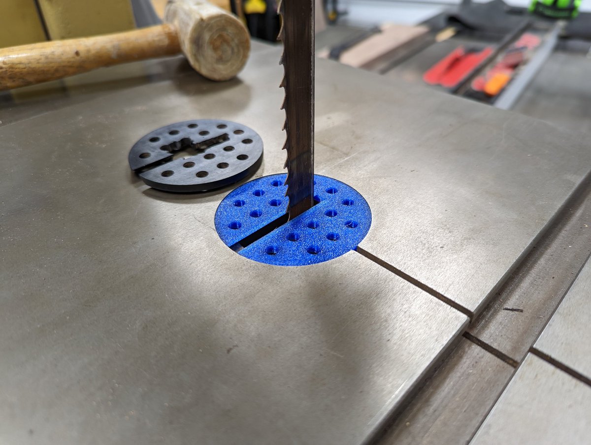riskable's tweet image. My father-in-law needed a new zero- clearance plate for his bandsaw and was pissed that the manufacturer wanted $40 for a piece of plastic. #3Dprinting to the rescue! #functionalprint #3Dprint #OpenSCAD