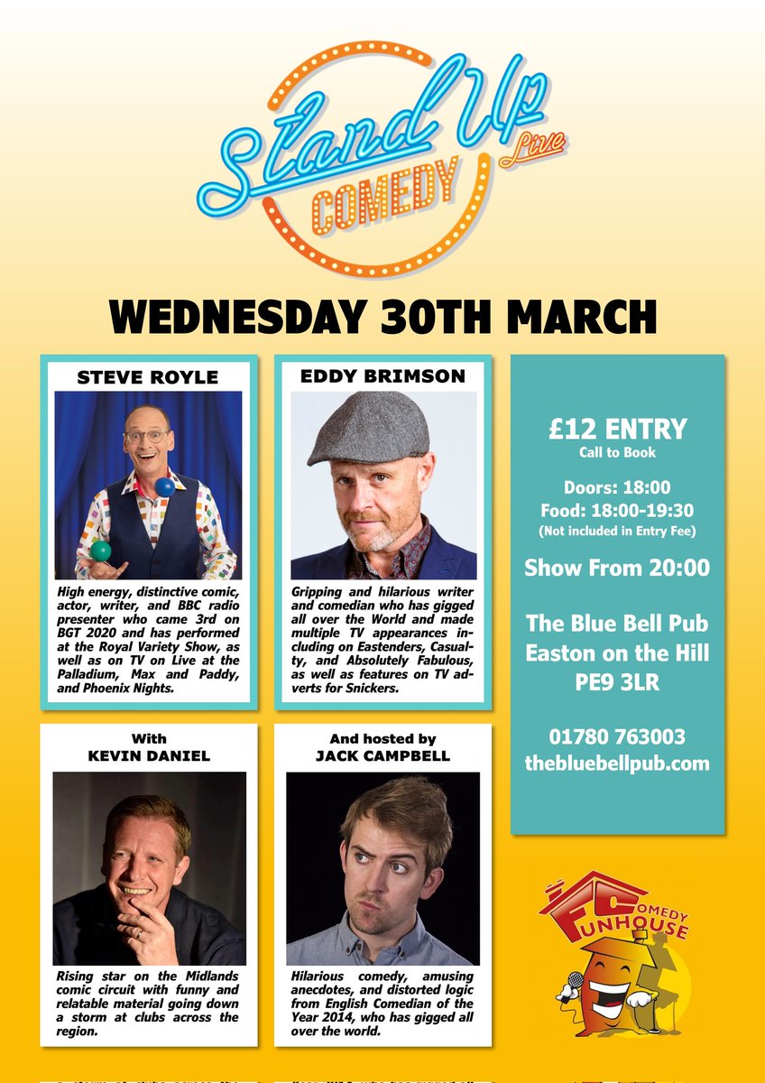 TV COMEDIAN COMES TO EASTON ON THE HILL 
Funhouse Comedy Club returns to The Blue Bell, Easton on the Hill on Wednesday March 30th for another great night of laughter.