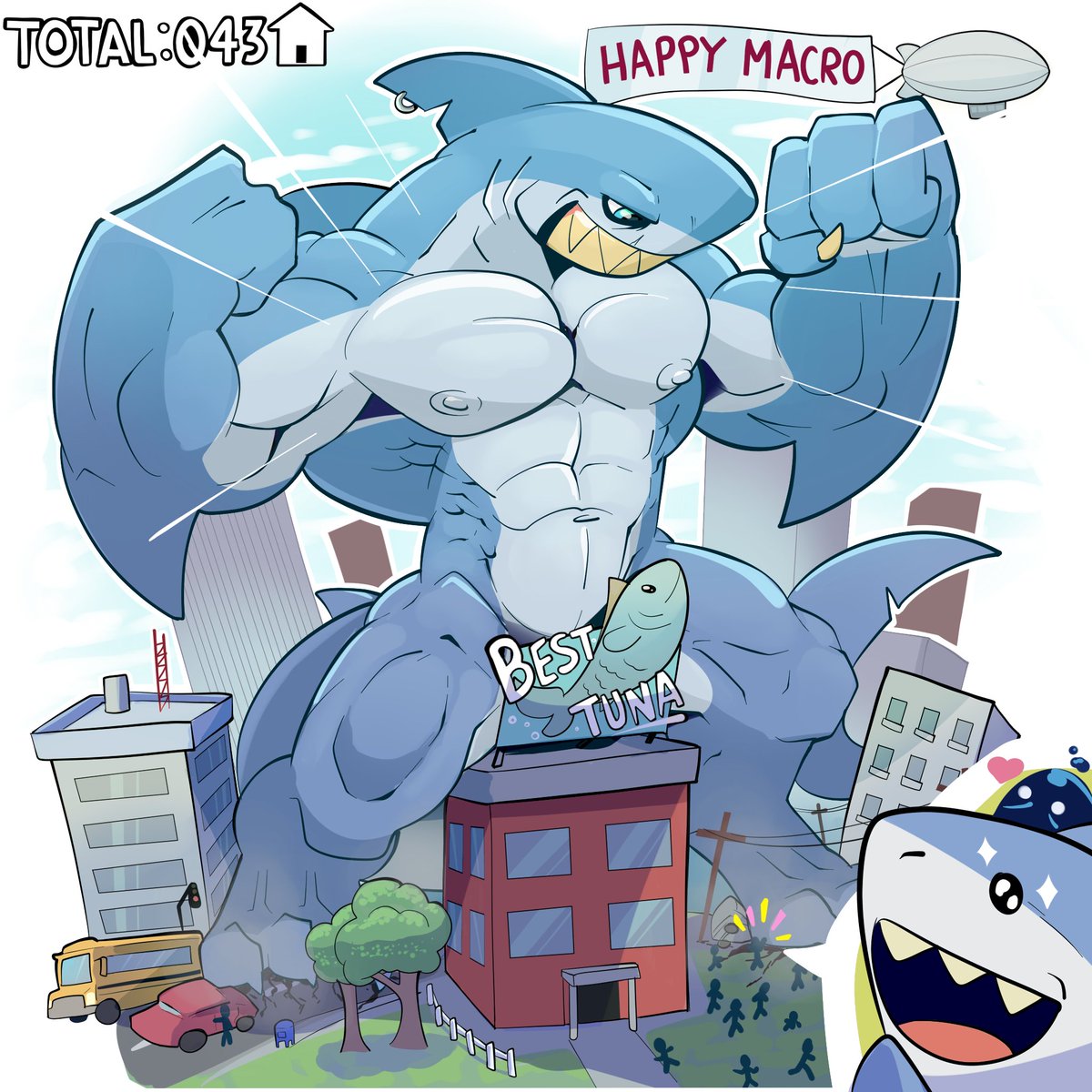 -Who wants more macro SHARK!? *From below can be heard the cheers* -SAY NO MORE, MIRAR A ESTE PROFESIONAL APLASTAR! -Big brother is always giving the best shows! -Take safe place lil bro and watch me! *Flexing his intense muscles, Grum's body is ready* 💪🦈 #MacroMarch #Sticker