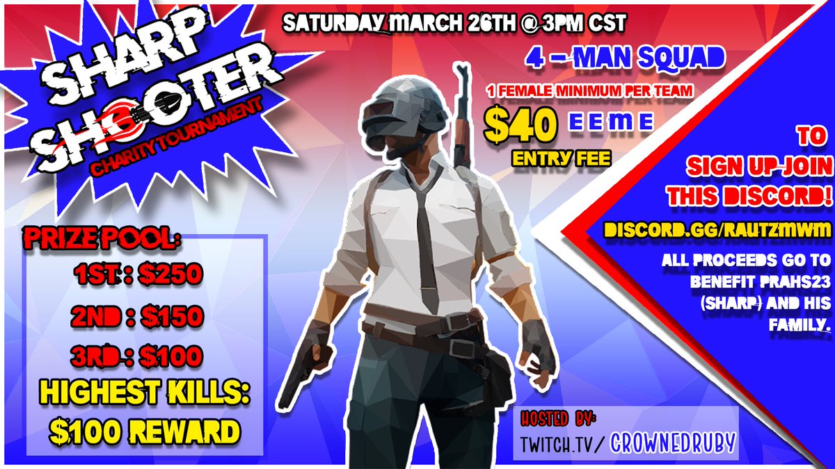 SIGN UP! it’s coming quick with only 4 teams signed up currently. Fill it up to help out a great person and community member! Discord: discord.gg/4EJA4rYJ