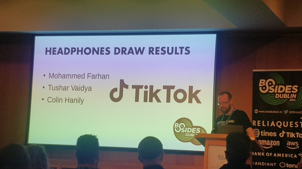 BSidesDublin's tweet photo. Congrats to the Tiktok raffle winners #tiktok #bsidesDublin2022 https://t.co/X7zS4dmDNJ