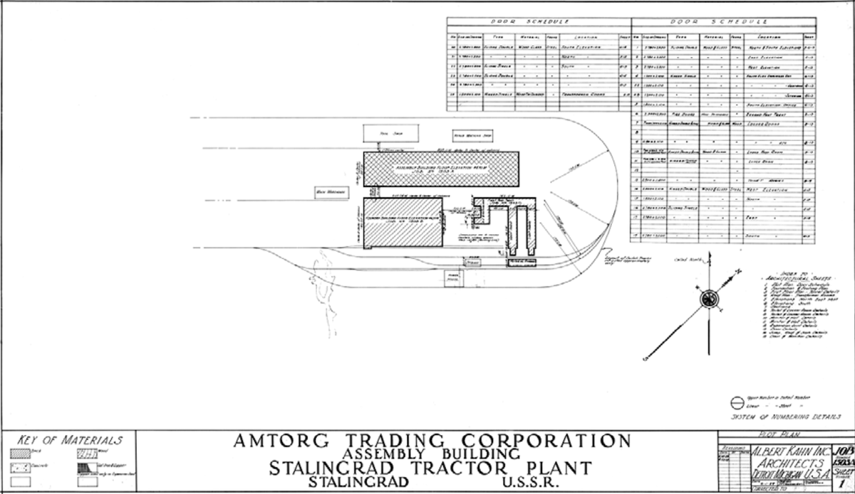 The Stalingrad tractor plant was assembled from the details and machinery prefabricated in the US and shipped by the sea. Kahn provided the key personnel - construction supervisors, installation specialists, foremen. It was built from American details and installed by Americans