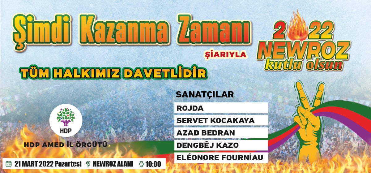 Amed Newrozumuzun resmî prosedürleri tamamlanıp gerekli izinler alınmıştır.
21 Mart Pazartesi günü yüreği Newroz aşkıyla yanan tüm halklarımızı, özgürlük halayına davet ediyoruz. 
#HaydiNewroza