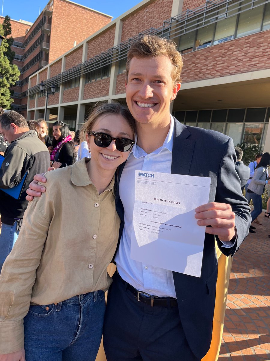 Thrilled to have matched to <a href="/BrighamMedRes/">Brigham and Women's Medicine Residents</a> for internal medicine! Been quite a journey and can’t wait to see what the future holds. Thank you to <a href="/dgsomucla/">David Geffen School of Medicine at UCLA</a> for the best medical education I could have possibly imagined. Time to get a real winter coat! #dgsom2022 #match2022