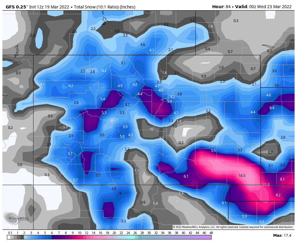 BrianBledsoe's tweet photo. Time and time again, the GFS images get posted only to be wrong...1st image is last night's run, and the second image is this morning's run. Total potential snowfall through Tue pictured. Don't trust the second image either, just wanted to show the comparison #cowx #GFSis🗑️ https://t.co/zFSA498Vb4