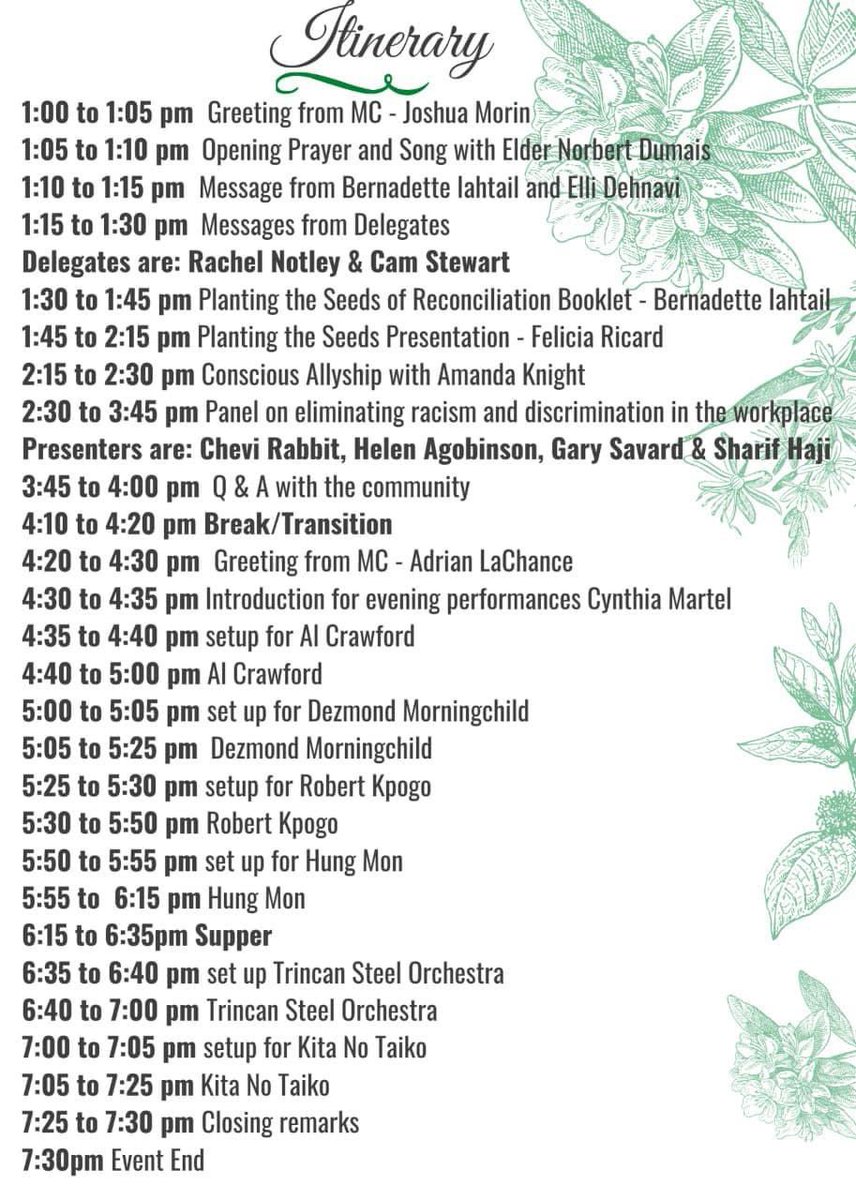 Creating_Hope_'s tweet image. MONDAY 21st 
View the agenda below for Planting the Seed of Reconciliation.
You'll get the chance to listen to panellists provide actionable ideas for reducing discrimination in the workplace and beyond, bid on our silent auction items (cash only please!) 
#RetweeetPlease