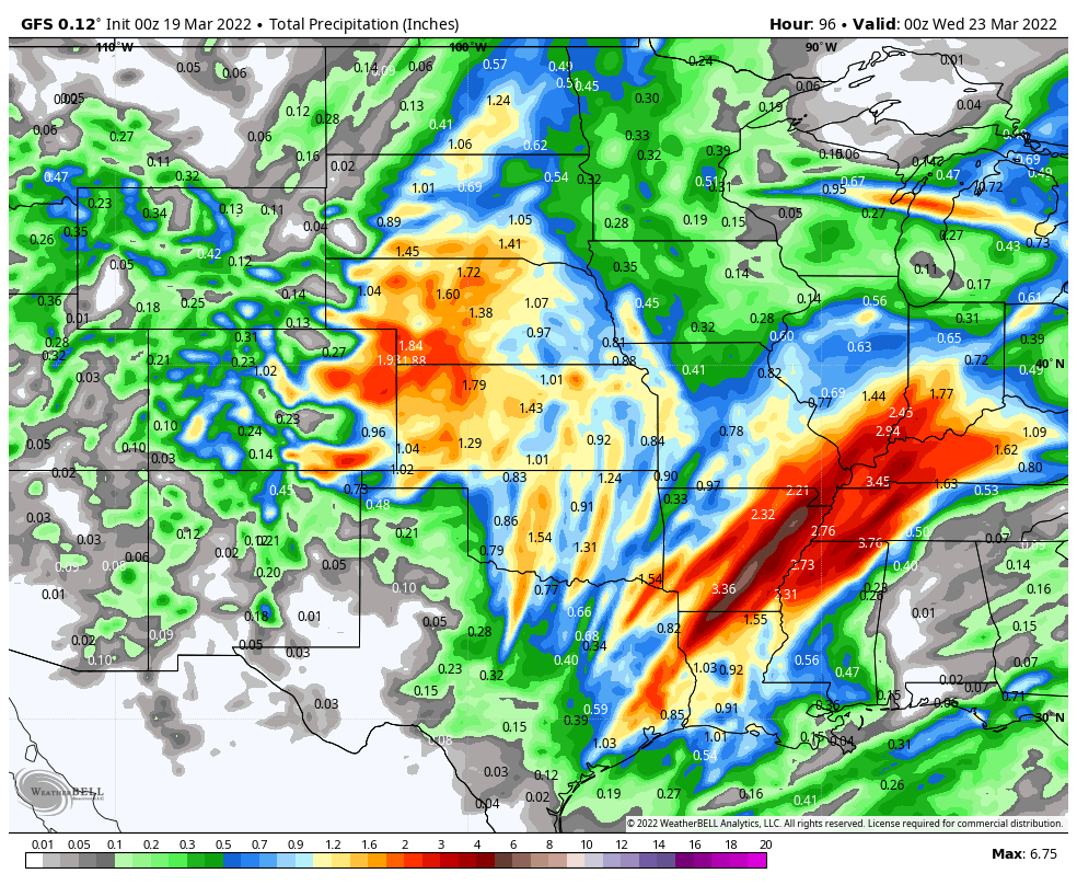 BrianBledsoe's tweet photo. Time and time again, the GFS images get posted only to be wrong...1st image is last night's run, second image is this AM's run. Total potential precipitation through Tue pictured. Don't trust the second image either, just wanted to show the comparison #cowx #kswx #phwx #GFSis🗑️ https://t.co/yBmEyRTdaL