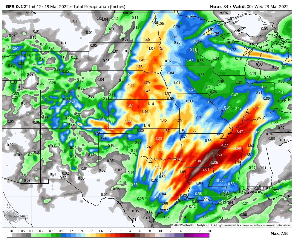 BrianBledsoe's tweet photo. Time and time again, the GFS images get posted only to be wrong...1st image is last night's run, second image is this AM's run. Total potential precipitation through Tue pictured. Don't trust the second image either, just wanted to show the comparison #cowx #kswx #phwx #GFSis🗑️ https://t.co/yBmEyRTdaL