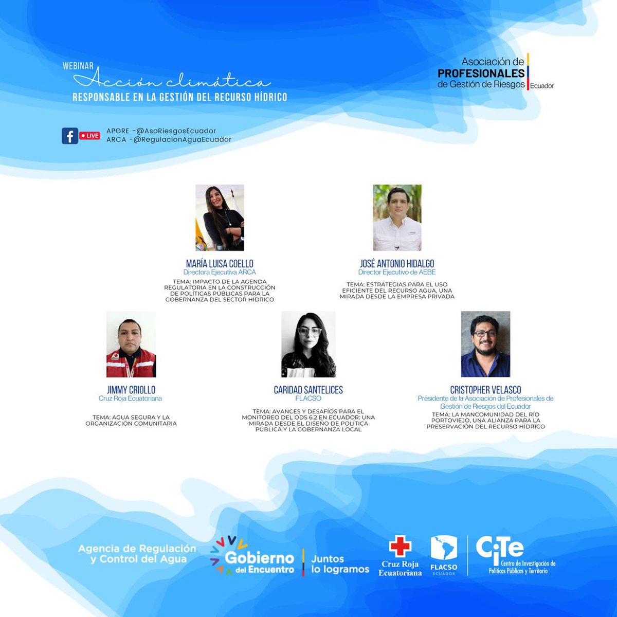 AsoGdR_Ec's tweet photo. ¡Reserva la fecha!
En el marco del #DíaMundialDelAgua, este 22 de marzo te invitamos a participar del webinar “Acción climática responsable en la gestión del recurso hídrico”, que contará con la participación de ARCA, @cruzrojaecuador , @FLACSOec y #APGRE. https://t.co/TBtPgN66Ep