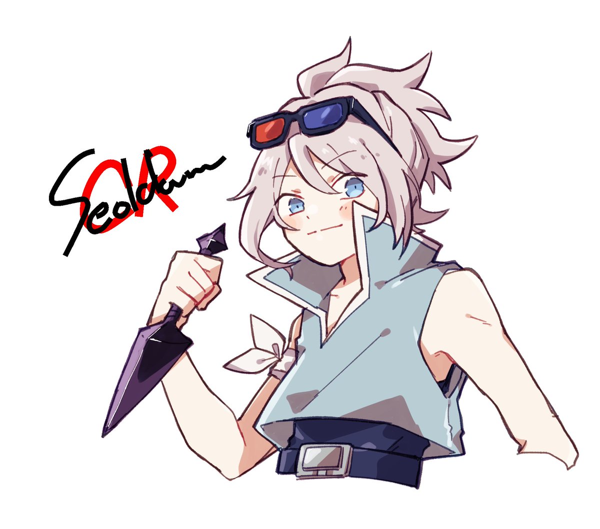 kunai weapon eyewear on head holding solo blue eyes sunglasses  illustration images