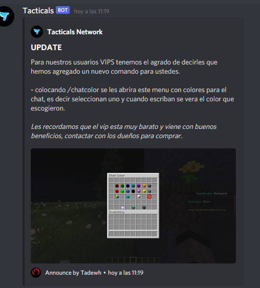 TacNetworkMC's tweet photo. ¡UPDATE!

En la modalidad survival:
• Para nuestros usuarios VIPS tenemos un chat multicolor, tiene distintas funciones y mucho mas.

• Precio del VIP:
400$ PESOS
2 USD 

Si estas interesado en comprar, tenemos nuestro DM abierto. https://t.co/KpRs1S18L4