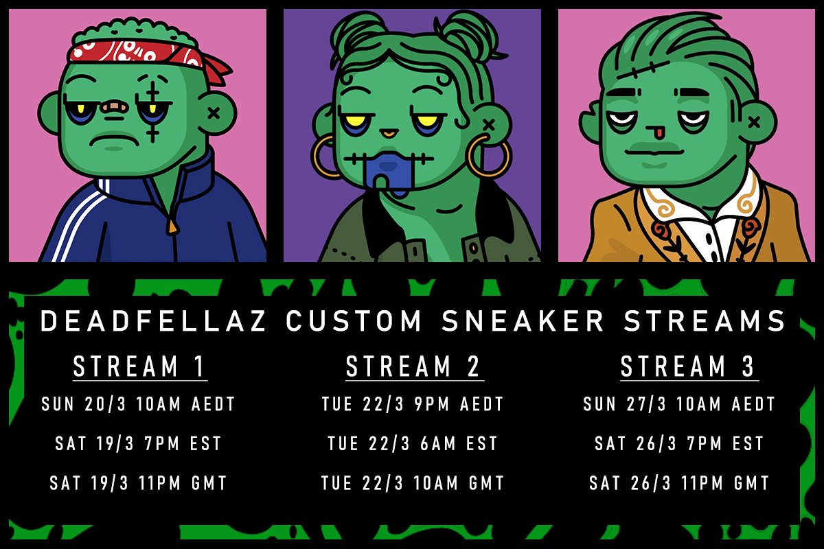 SekureD's tweet photo. In about 9 hours from now, live on #Twitch I will be kicking off a wave of new custom sneakers for the winners of the @Deadfellaz x @metalinklabs giveaway. First 3 stream times listed below, hope to see you guys there! https://t.co/cmipl9RP7I