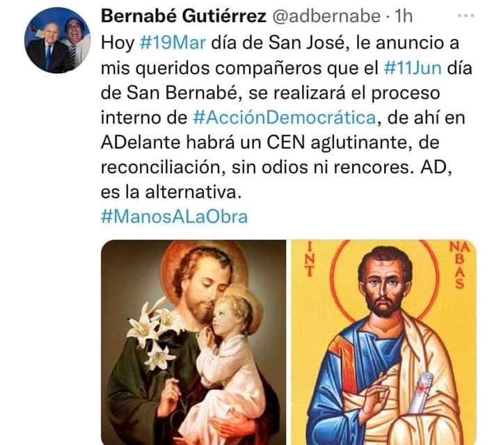 #Venezuela:
El Líder Nacional de #AccionDemocratica, Compañero @adbernabe acaba de anunciar que el día #11Junio2022, serán las #EleccionesInternasAD, hecho que hará #historia en nuestro Glorioso Partido Blanco, donde todos, como, Militantes ADecos, vamos a participar.