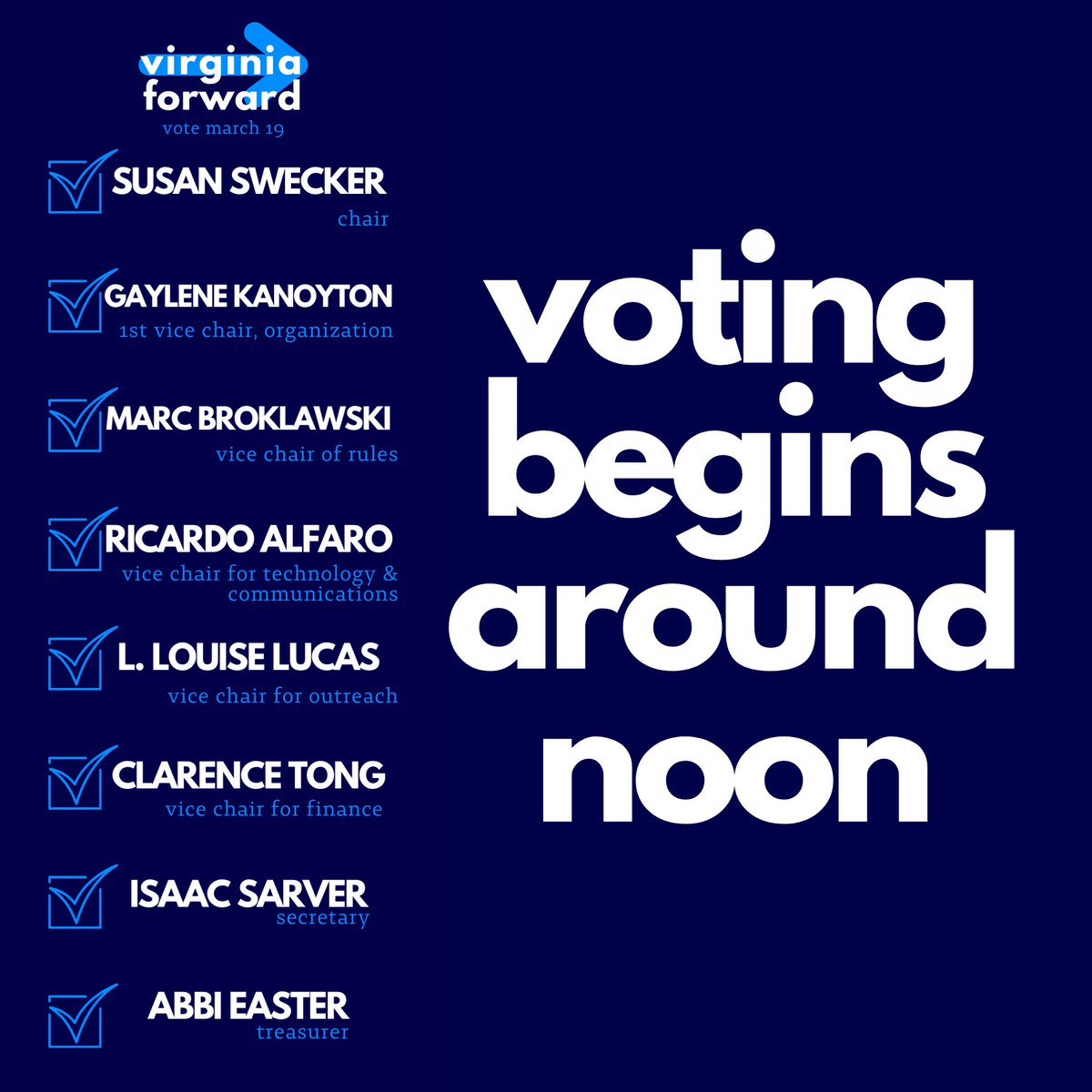 SusanRSwecker's tweet photo. ‼️‼️ Members of @vademocrats Central Committee: don’t forget to vote for the #VirginiaForward ticket around noon today. Your ballot will come via email ‼️‼️ https://t.co/x7Enbb861b