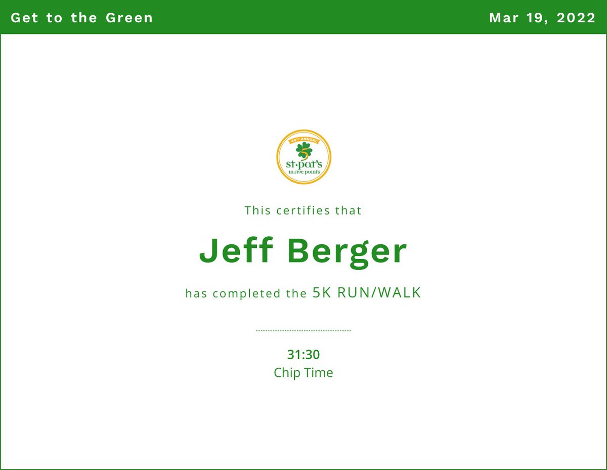 bergergrams's tweet photo. Chip time off by a full 1:10. Good Time had by all #Stpatsinfivepoints https://t.co/4TfgoXI0Ab
