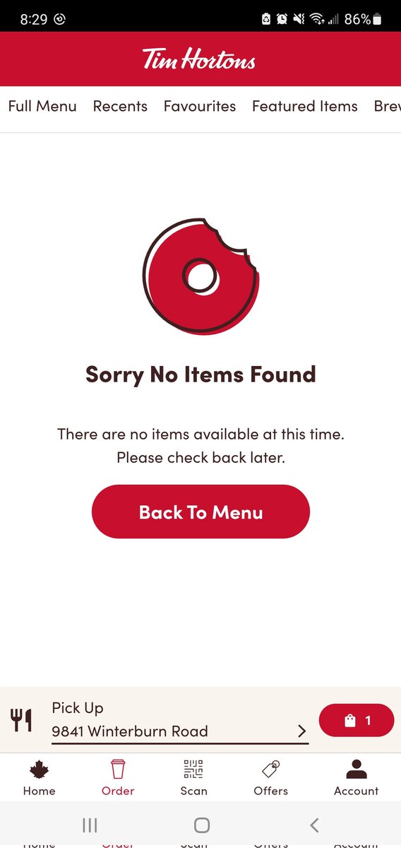 Homerwithaj's tweet photo. Why bother giving people the 10 extra points roll up rewards if you order online when you get this message all the time on the Tims App? Terrible prize. Miss the old roll up the rim. #TimHortons https://t.co/tRgFk95aw2