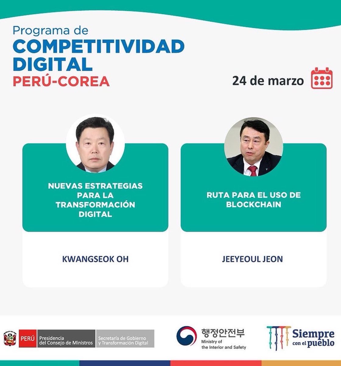 PeruPaisDigital's tweet photo. ¡Únete y fortalece tus capacidades digitales! 💪🇵🇪

Conoce a los ponentes que participarán en nuestro “Programa de #CompetitividadDigital Perú-Corea”, que se realizará del 21 al 24 de marzo.

📝 👉 https://t.co/FoiX0nLrYq

¡Te esperamos! 😊

#PorUnPerúDigital #TalentoDigital https://t.co/tPg0IWlEXz