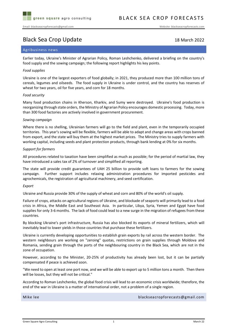 Yesterday, Ukraine's Minister of Agriculture, Roman Leshchenko, delivered a briefing on the country's food supply and planting campaign, here is a summary of what he said. 
Visit our website to subscribe and receive regular updates from the Black Sea blackseacropforecasts.com
