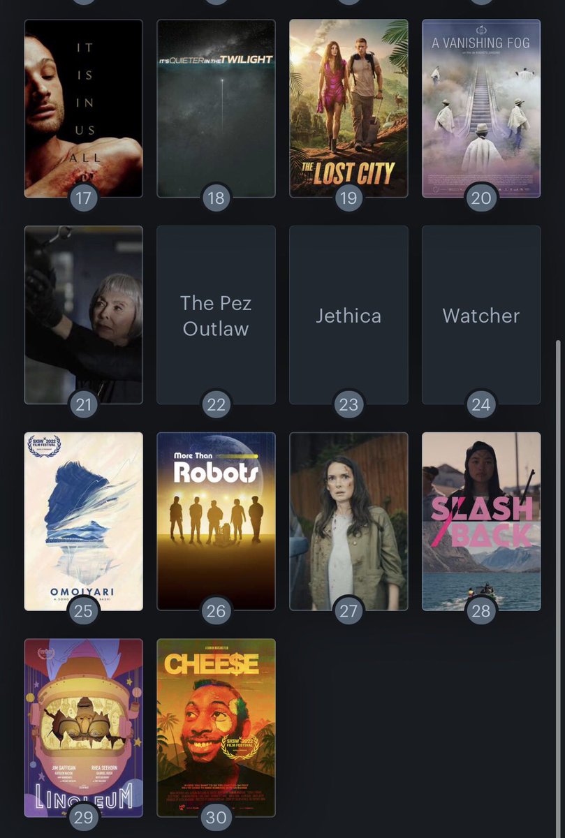 RealDavidLynch's tweet photo. I’ve more or less put a bow on my movie-watching for #SXSW2022. Here’s a rough ranking for the 30 features I caught: https://t.co/lCuk0E6hZn
