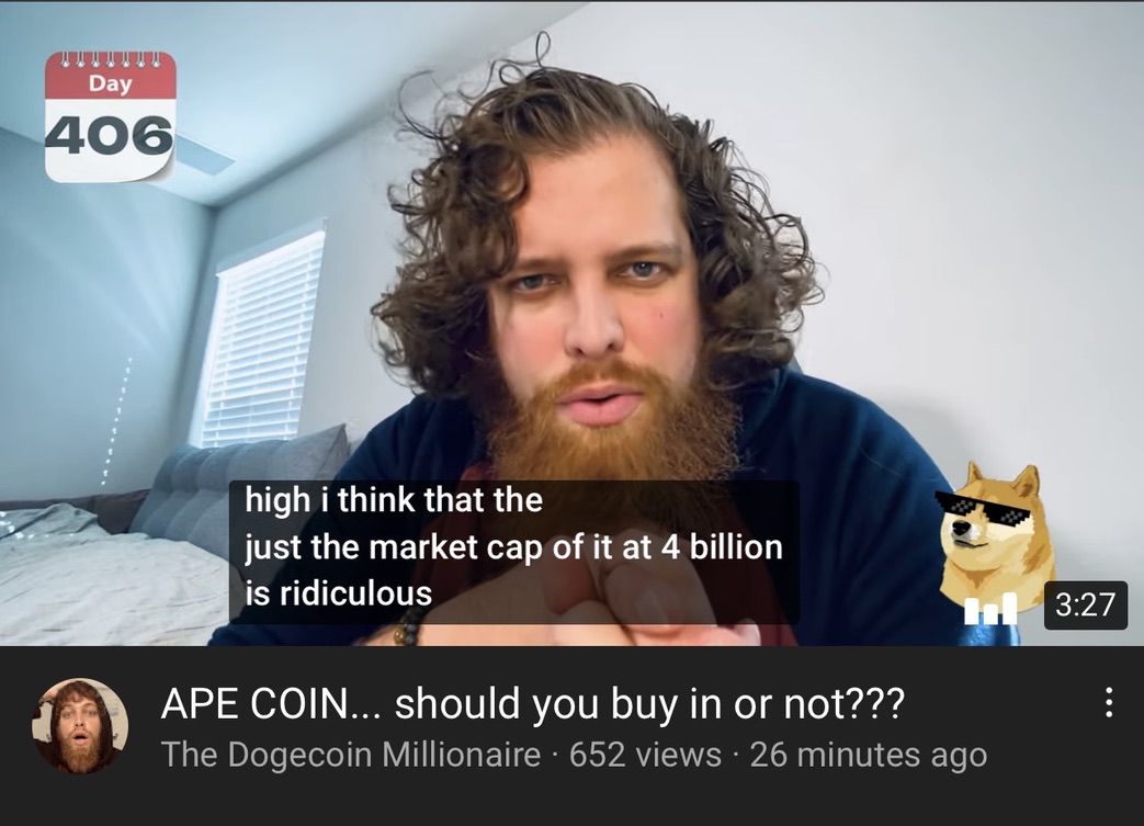 mithcoons's tweet photo. Infamous Dogecoin Millionaire (net-worth down to $500k) calls BAYC's #Apecoin🦍 expensive &amp; without purpose. 
Ironically, has no comment on Dogecoin usefulness 🤦‍♂️

2022 #Bitcoin bear market fixes ALL of this 😏 https://t.co/BPWnoO5h0j